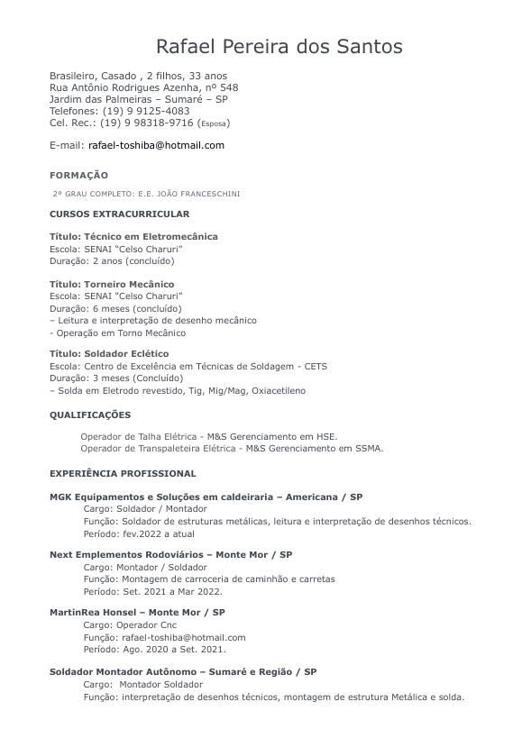 Currículo de Rafael Pereira, página 1